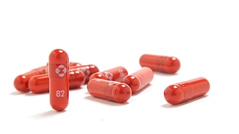 FILE: This undated image provided by Merck & Co. shows their new antiviral medication against COVID-19. 