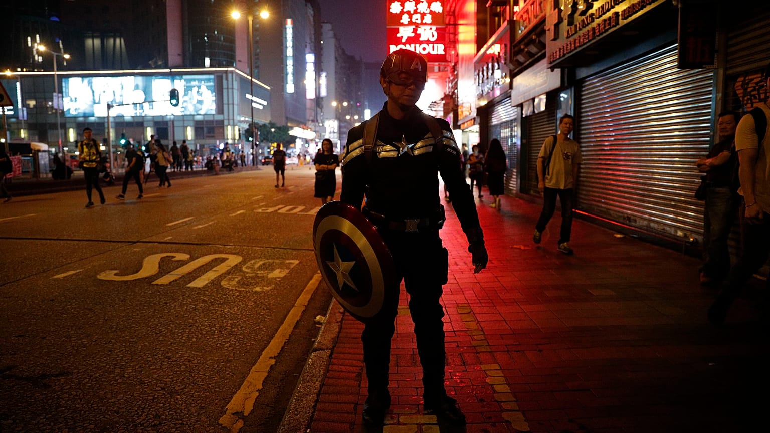 A protester dressed as Captain America during a rally in Hong Kong in October 2019.