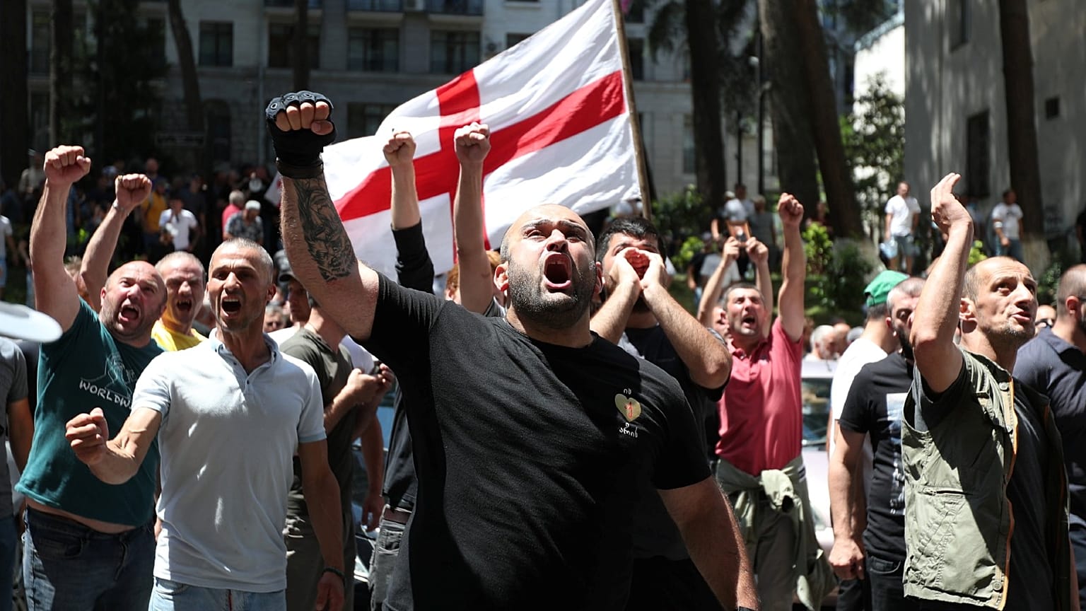 Anti-LGBT protesters take part in a rally ahead of the planned March for Dignity during Pride Week in Tbilisi