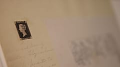 The world's first postage stamp, a Penny Black, on display ahead of auction at Sotheby's in London, UK