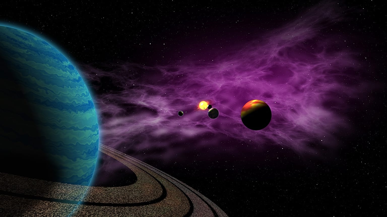 A depiction of exoplanets in a foreign solar system with a sun star; this new exoplanet has been found in an entirely different galaxy. 