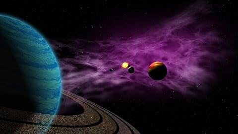 A depiction of exoplanets in a foreign solar system with a sun star; this new exoplanet has been found in an entirely different galaxy. 