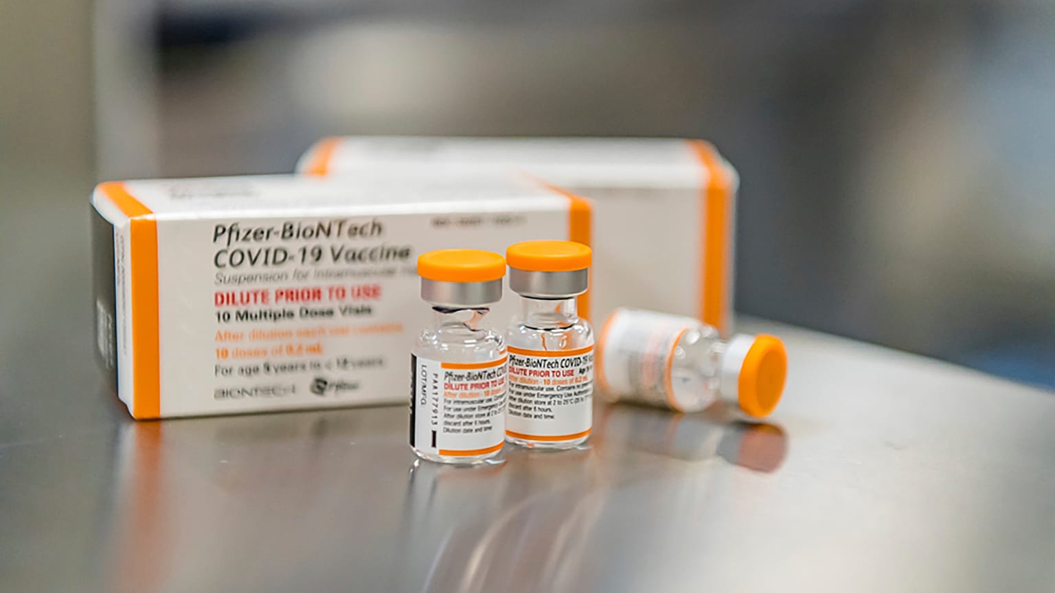 This October 2021 photo provided by Pfizer shows kid-size doses of its COVID-19 vaccine in Puurs, Belgium.