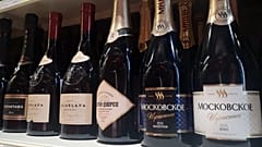 Bottles of Russian "Champagne" are seen in a small shop in central Moscow on July 3, 2021.