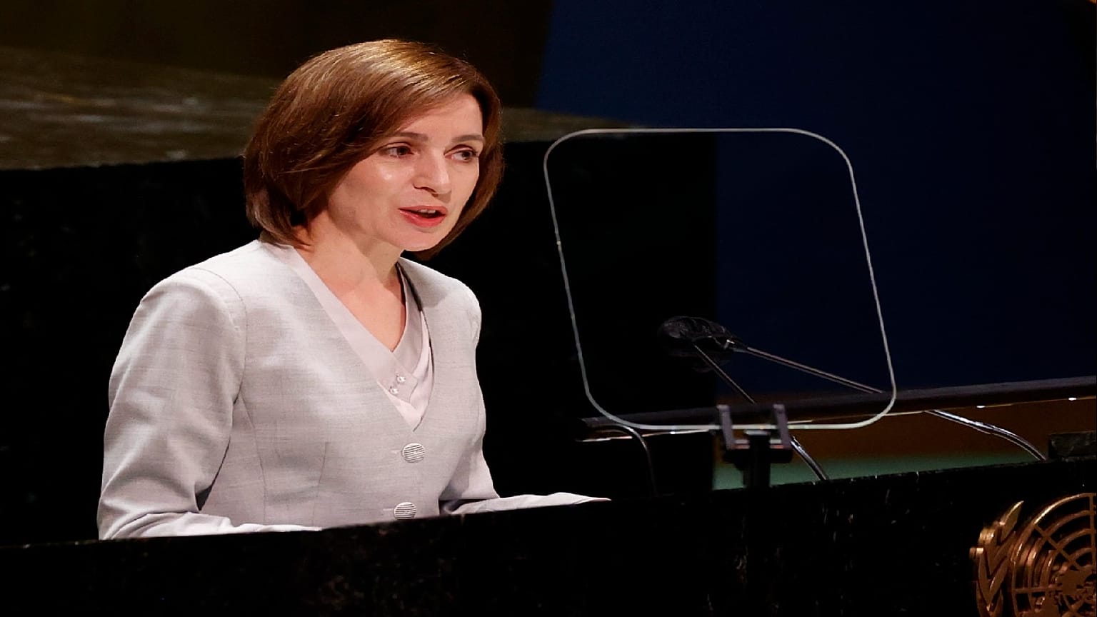 Moldova's President Maia Sandu at the United Nations General Assembly, Sept. 22, 2021,