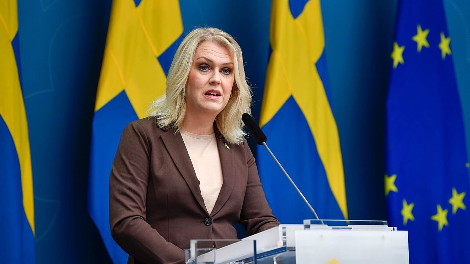 Sweden's Minister for Health and Social Affairs Lena Hallengren gives a news conference in Stockholm.