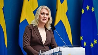 Sweden's Minister for Health and Social Affairs Lena Hallengren gives a news conference in Stockholm.