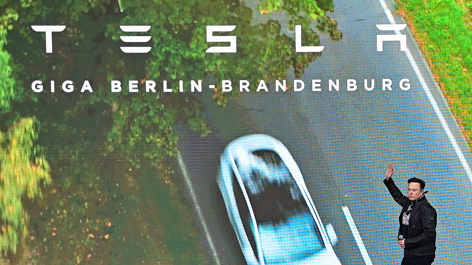 Elon Musk, Tesla CEO, arrives at an open house at the Tesla Gigafactory in Gruenheide, east of Berlin, Saturday Oct. 9, 2021.