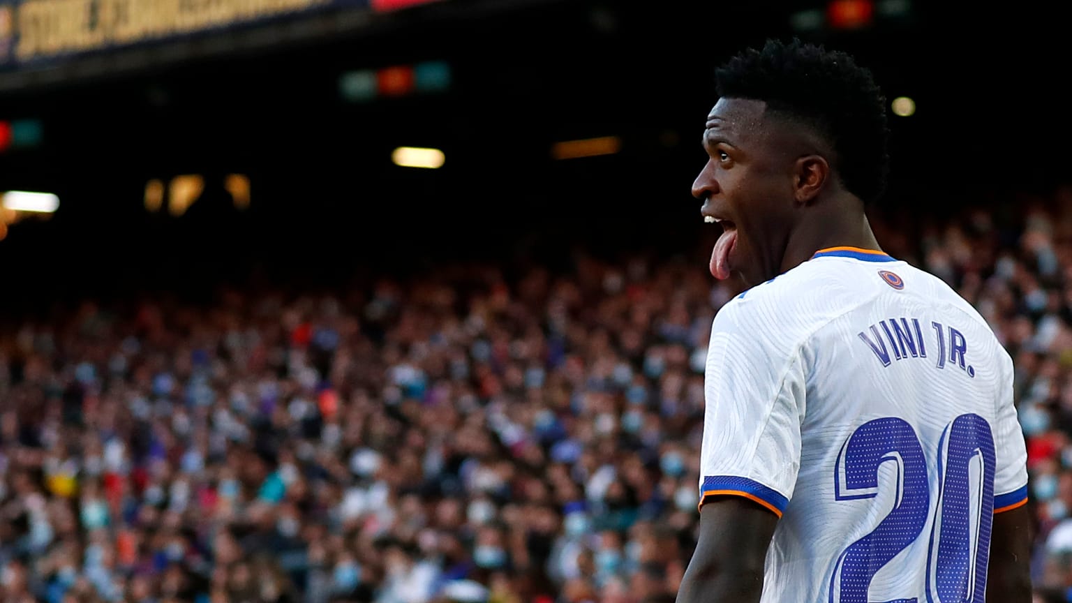 Real Madrid's Vinicius Junior during the Oct. 24, 2021 La Liga match against FC Barcelona at the Camp Nou stadium in Barcelona, Spain.