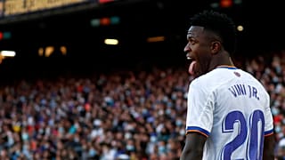 Real Madrid's Vinicius Junior during the Oct. 24, 2021 La Liga match against FC Barcelona at the Camp Nou stadium in Barcelona, Spain.