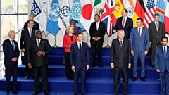 Leaders including US President Joe Biden, EU Commission President Ursula von der Leyen and French President Emmanuel Macron at the G20 summit in Rome, Saturday, Oct. 30, 2021.