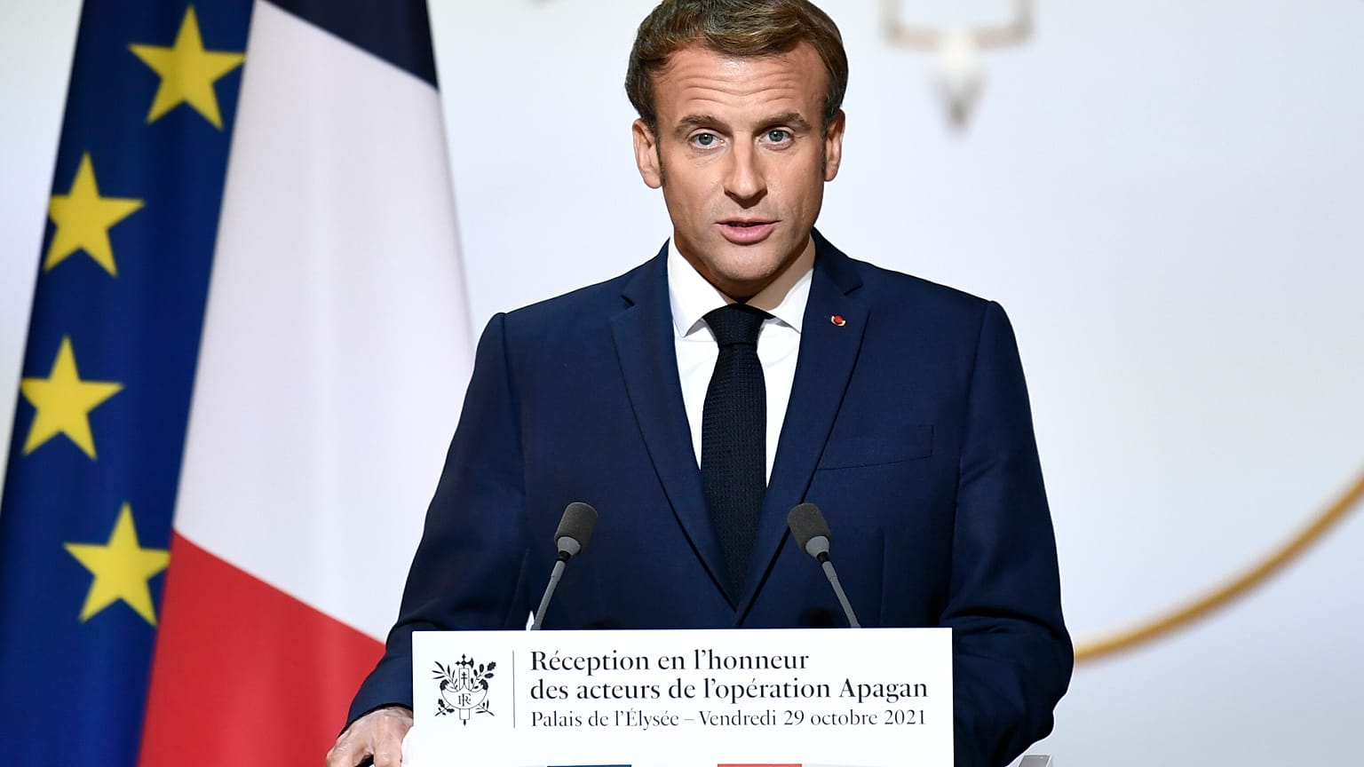 French President Emmanuel Macron delivers a speech at the Elysee Palace in Paris, Oct. 29, 2021.
