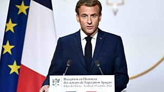 French President Emmanuel Macron delivers a speech at the Elysee Palace in Paris, Oct. 29, 2021.