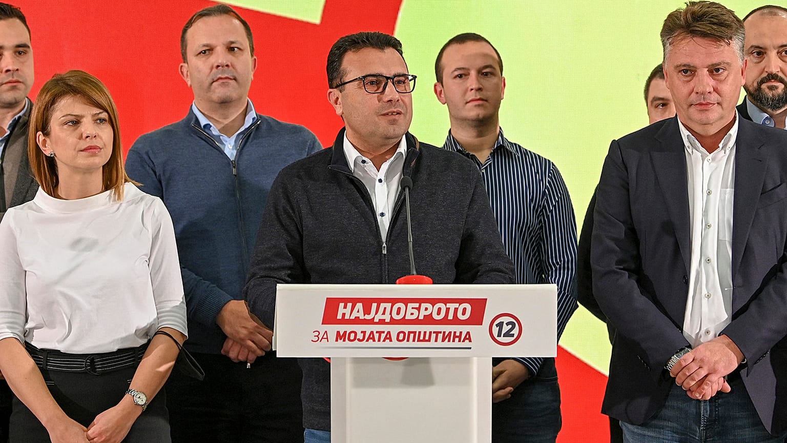 Prime Minister Zoran Zaev (C) speaks during a news conference at his party’s headquarters in Skopje late on October 31, 2021.