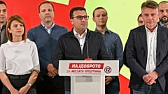 Prime Minister Zoran Zaev (C) speaks during a news conference at his party’s headquarters in Skopje late on October 31, 2021.