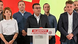 Prime Minister Zoran Zaev (C) speaks during a news conference at his party’s headquarters in Skopje late on October 31, 2021.