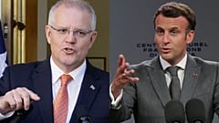 Avustralya Başbakanı Scott Morrison (sol), Fransa Cumhurbaşkanı Emmanuel Macron 