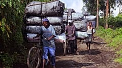 Gente llevando bolsas de carbón en sus bicicletas mientras bajan una colina, 27/1/2015, Mweso, República Democrática del Congo