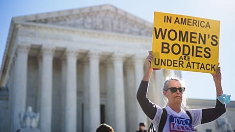 Pro-choice demonstrators are seen outside of the US Supreme Court in Washington, DC on November 1, 2021.