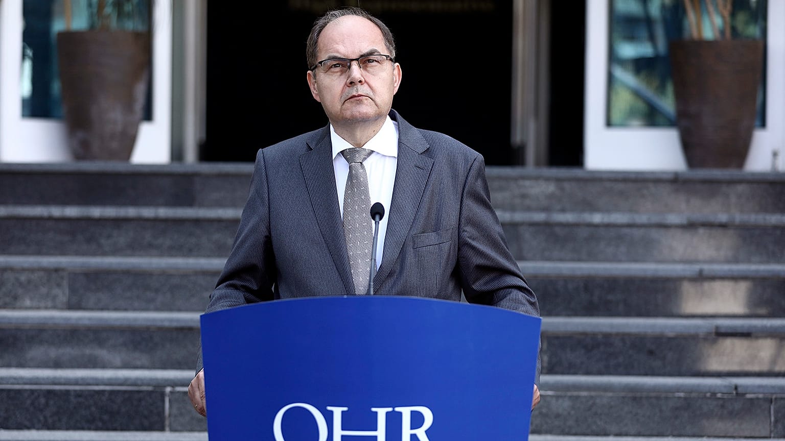Christian Schmidt, new head of Bosnia's Office of the High Representative, or OHR, speaks during a ceremony in the capital Sarajevo, Aug. 2, 2021.