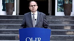 Christian Schmidt, new head of Bosnia's Office of the High Representative, or OHR, speaks during a ceremony in the capital Sarajevo, Aug. 2, 2021.