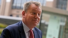 United Kingdom's Brexit negotiator Lord David Frost speaks with the media as he arrives for a lunch with the EU's Maros Sefcovic 