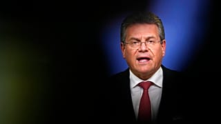 European Commissioner for Inter-institutional Relations and Foresight Maros Sefcovic speaks during a media conference