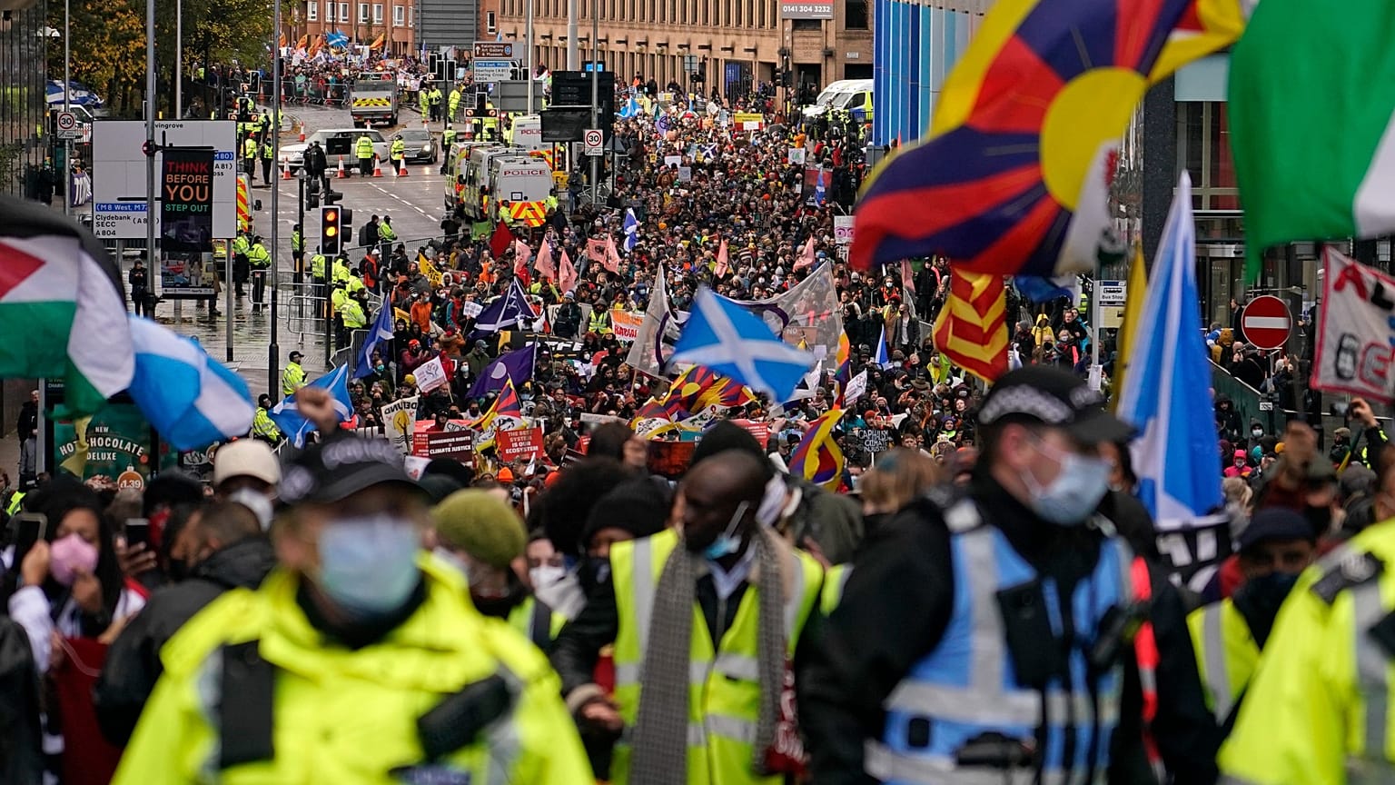 Climate activists attend a protest organised by the Cop26 Coalition in Glasgow, Scotland, Saturday, Nov. 6, 2021