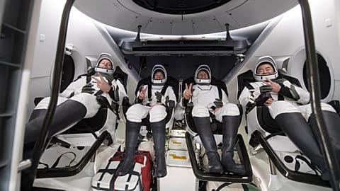 European Space Agency astronaut Thomas Pesquet, NASA astronauts Megan McArthur and Shane Kimbrough, and Japan Aerospace Exploration Agency astronaut Akihiko Hoshide