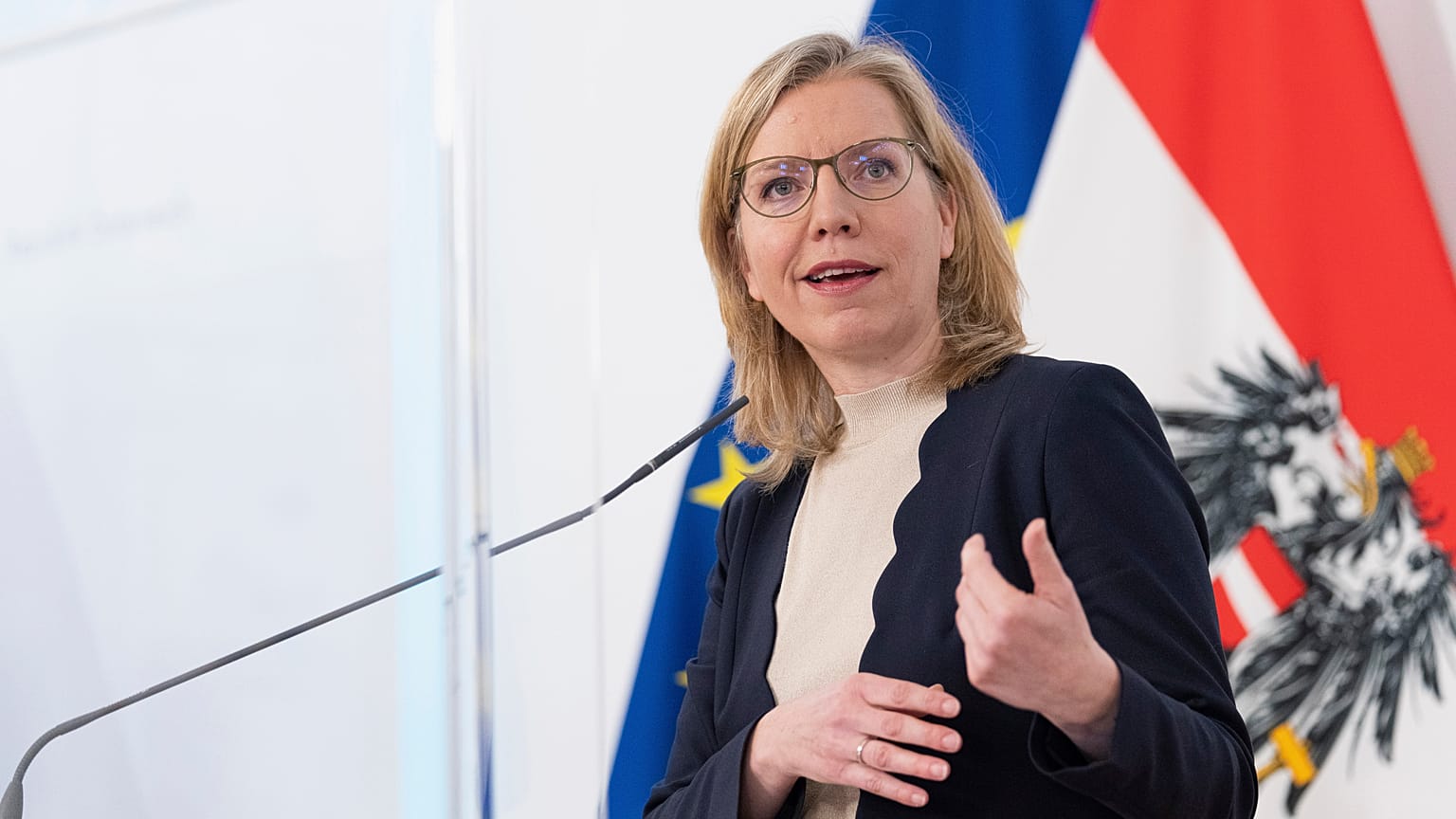 FILE - Austria's minister for climate protection, technology and innovation Leonore Gewessler speaks during a news conference  at the federal chancellery in Vienna, Austria.