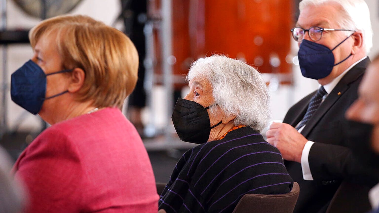 Federal Chancellor Angela Merkel, Margot Friedlaender, Holocaust survivor, and Federal President Frank-Walter Steinmeier