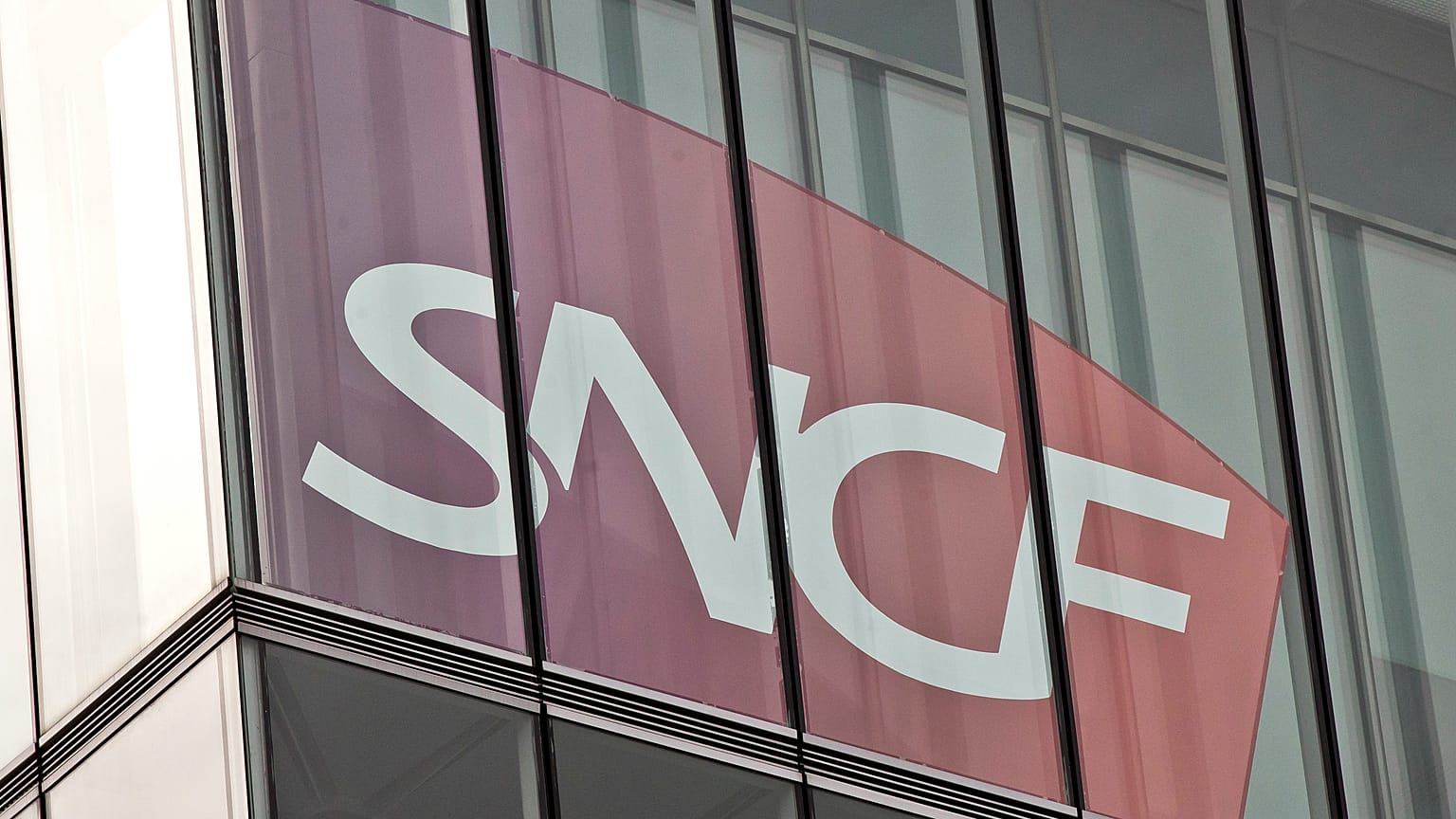 The logo of France's national state-owned railway company SNCF is pictured in Saint Denis, outside Paris.