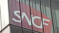The logo of France's national state-owned railway company SNCF is pictured in Saint Denis, outside Paris.