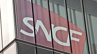 The logo of France's national state-owned railway company SNCF is pictured in Saint Denis, outside Paris.