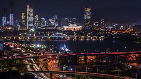 Cityscape of Seoul at night, South Korea.