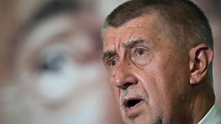 Czech Republic's outgoing Prime Minister Andrej Babis addresses the media.