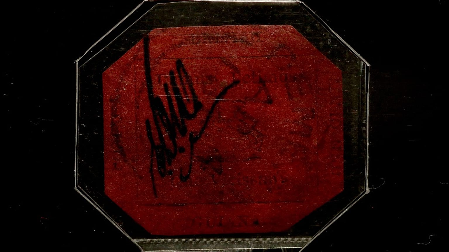 British Guiana One-Cent Magenta stamp is displayed for photographs at premises of the Sotheby's auction house, in London, Wednesday, April 28, 2021. 