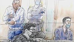 Yacine Mihoub (links) - verurteilt wegen Mord an Mireill Knoll auf Zeichnung aus dem Gerichtssaal in Paris