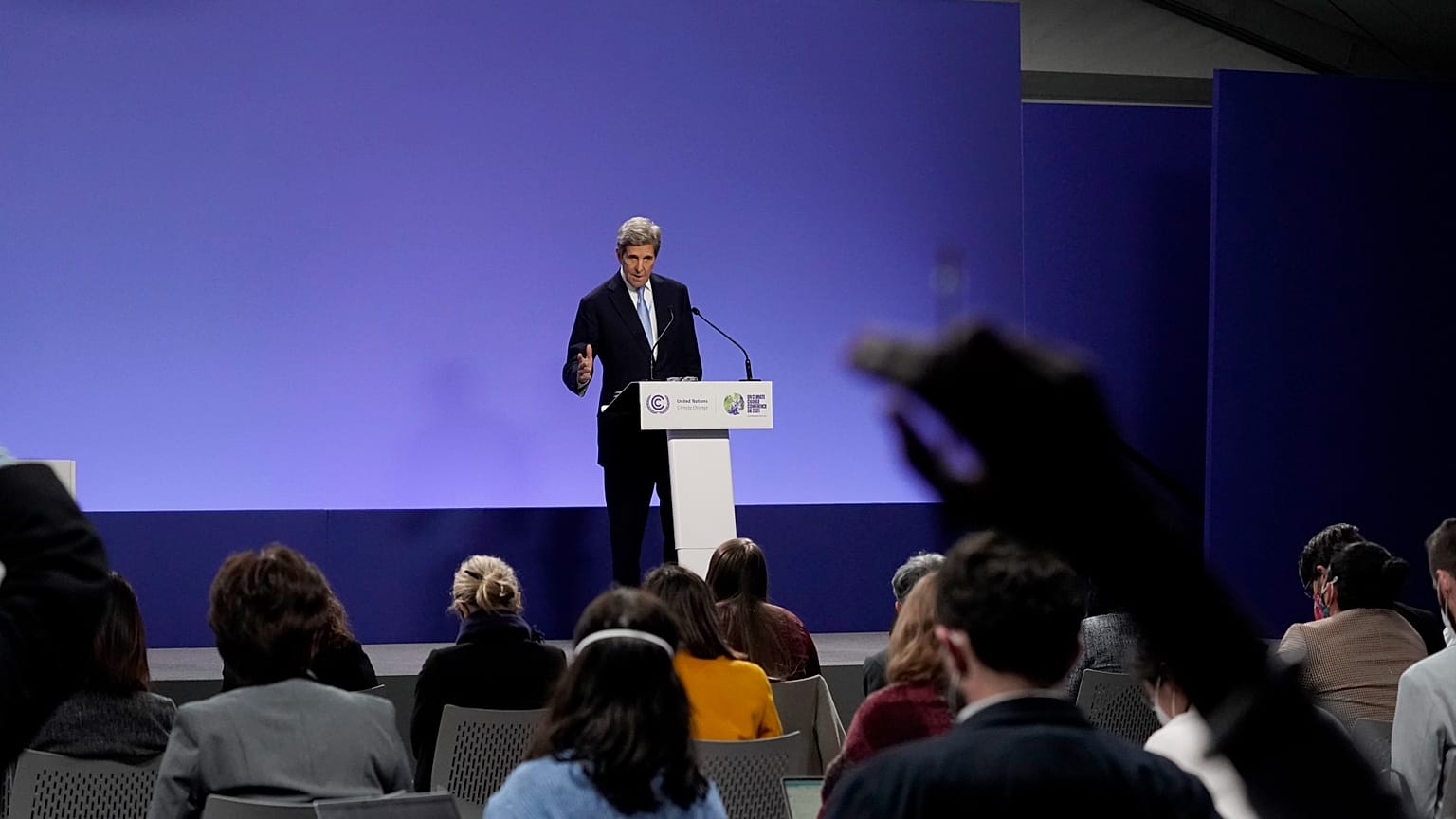 John Kerry, United States Special Presidential Envoy for Climate speaks at the COP26 UN Climate Summit, in Glasgow, Scotland, Wednesday, Nov. 10, 2021.