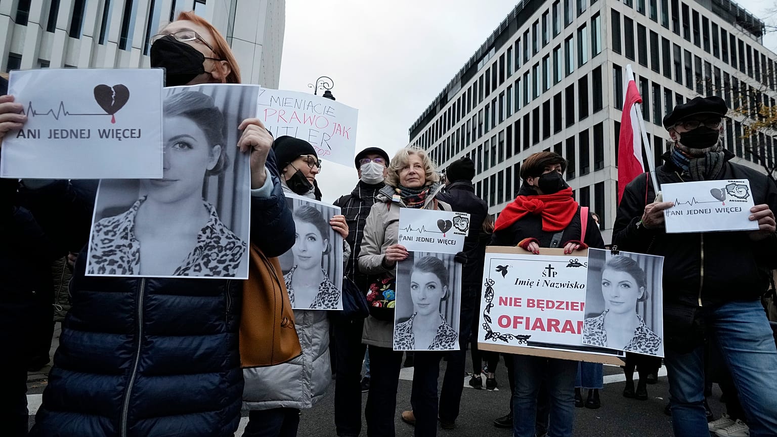 Protestors gather outside Poland's Constitutional Tribunal in Warsaw, Poland, on Nov .6, 2021, to protest against the restrictive abortion law.