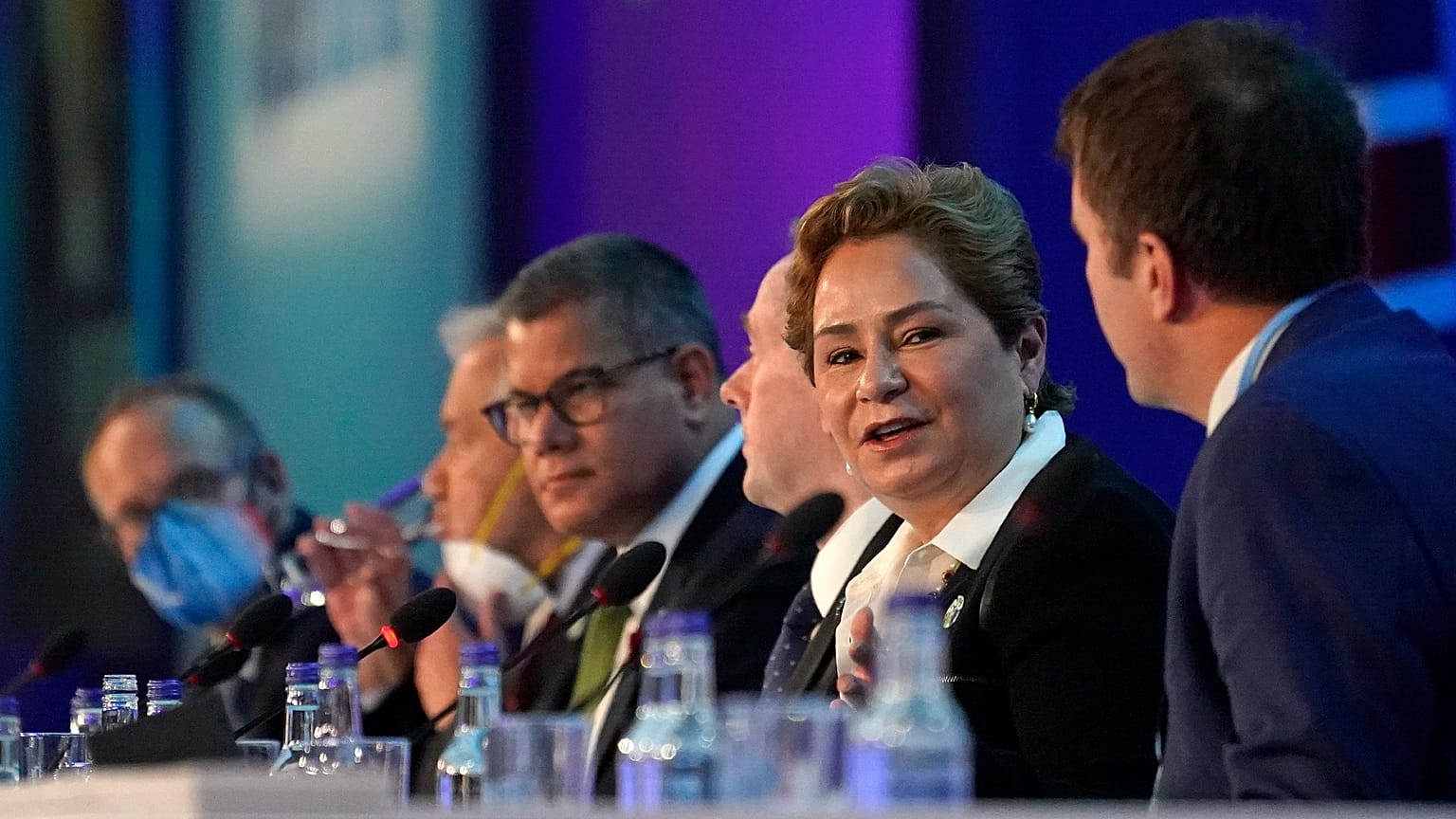 Patricia Espinosa, UNFCCC Executive-Secretary, and Alok Sharma, President of the COP26 summit, attend a meeting at COP26, November 11, 2021.