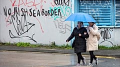 Graffiti in a loyalist area of south Belfast, Northern Ireland against an Irish sea border is seen on February 2, 2021.