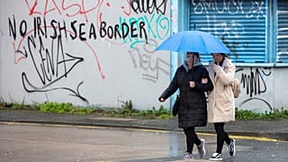 Graffiti in a loyalist area of south Belfast, Northern Ireland against an Irish sea border is seen on February 2, 2021.