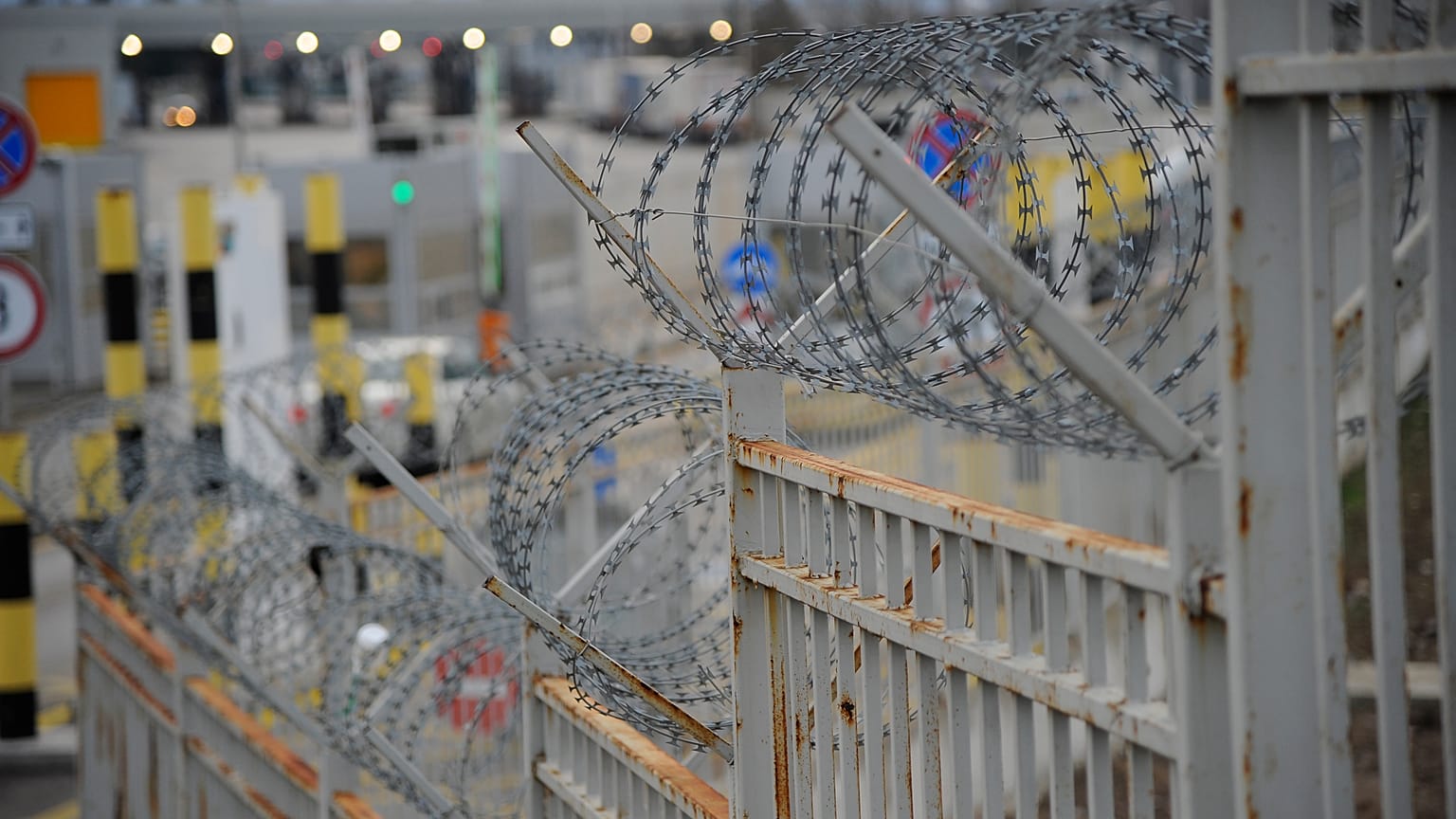 Barbed wire lines the Kapitan Andreevo border crossing point between Bulgaria and Turkey.