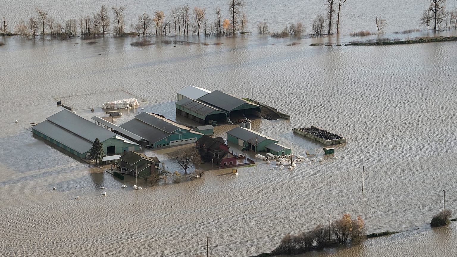 A farm is surrounded by floodwaters in Abbotsford, British Columbia, Tuesday, Nov. 16, 2021.