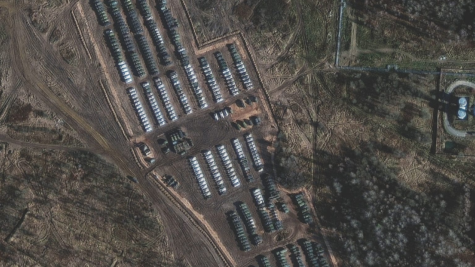 A satellite image purports to show Russian tanks and armoured personnel carriers amid the presence of a large ground forces deployment in Yelnya, Smolensk Oblast, Russia.