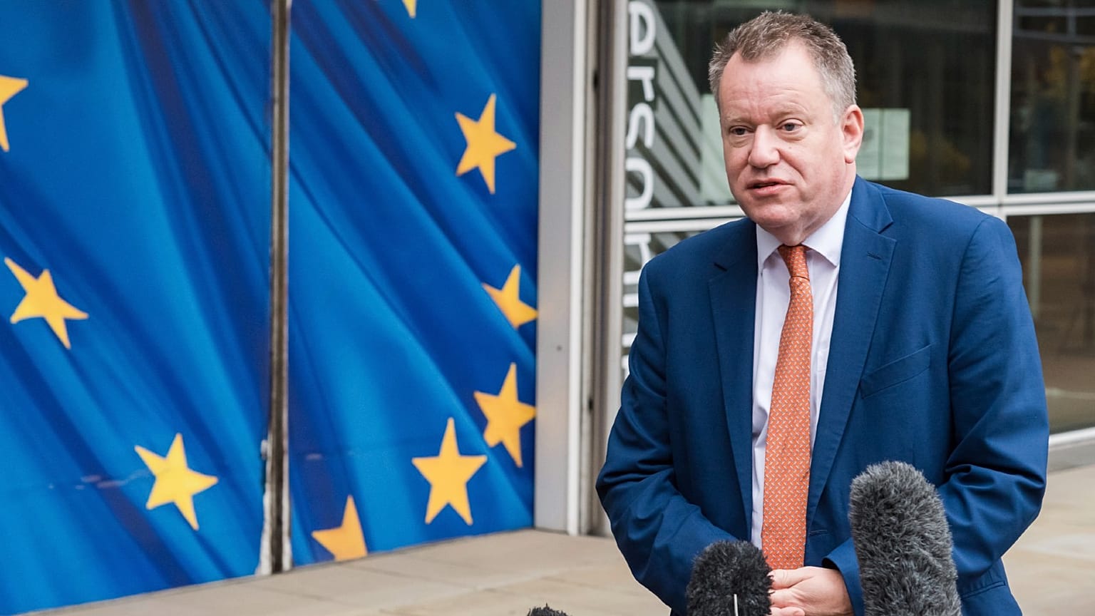 Britain's chief Brexit negotiator David Frost gives a media statement at EU headquarters in Brussels, Friday Nov. 19, 2021