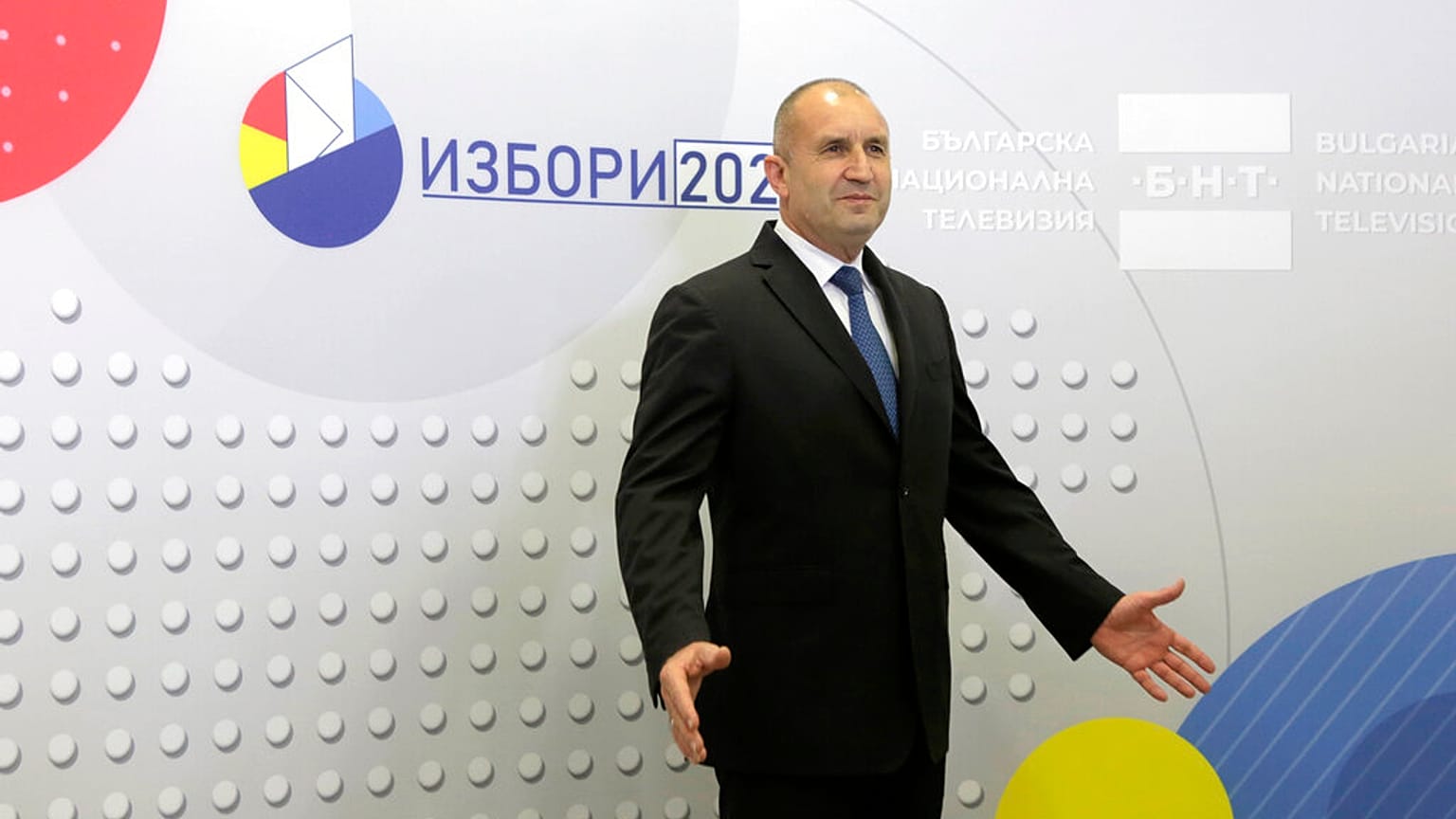 Incumbent Bulgarian President Rumen Radev, poses for photo as he arrives at Bulgarian National TV for pre-election debate n Sofia, Thursday, Nov.18, 2021.