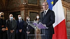 French Prime Minister Jean Castex gives a statement after a Belgian-French security consultation meeting at Egmont Palace in Brussels, Monday, Nov. 22, 2021.