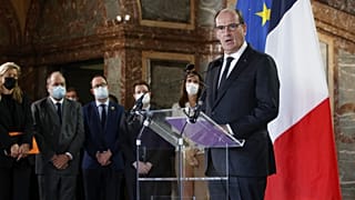 French Prime Minister Jean Castex gives a statement after a Belgian-French security consultation meeting at Egmont Palace in Brussels, Monday, Nov. 22, 2021.